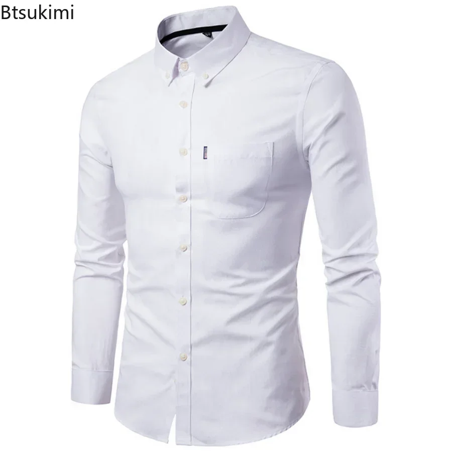 2025 Oxford Cotton Shirt Men Solid Casual Slim Fit Stand Collar Mens Formal Dress Shirts Long Sleeve Party Shirts Male Camisetas