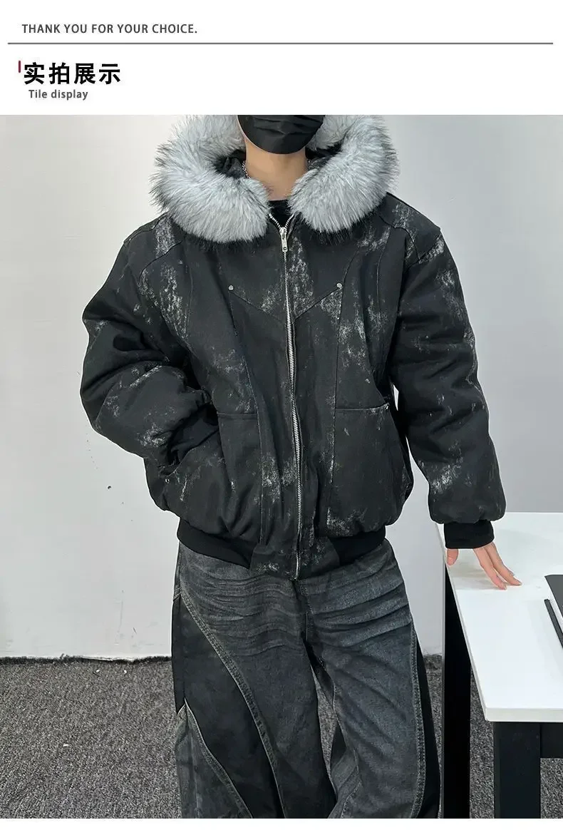 Outdoor Style Jacket Thickens Comfortable Parkas Winter Men's Cotton Jacket with Fur Collar Embroidery and Tie-dye Design Parkas