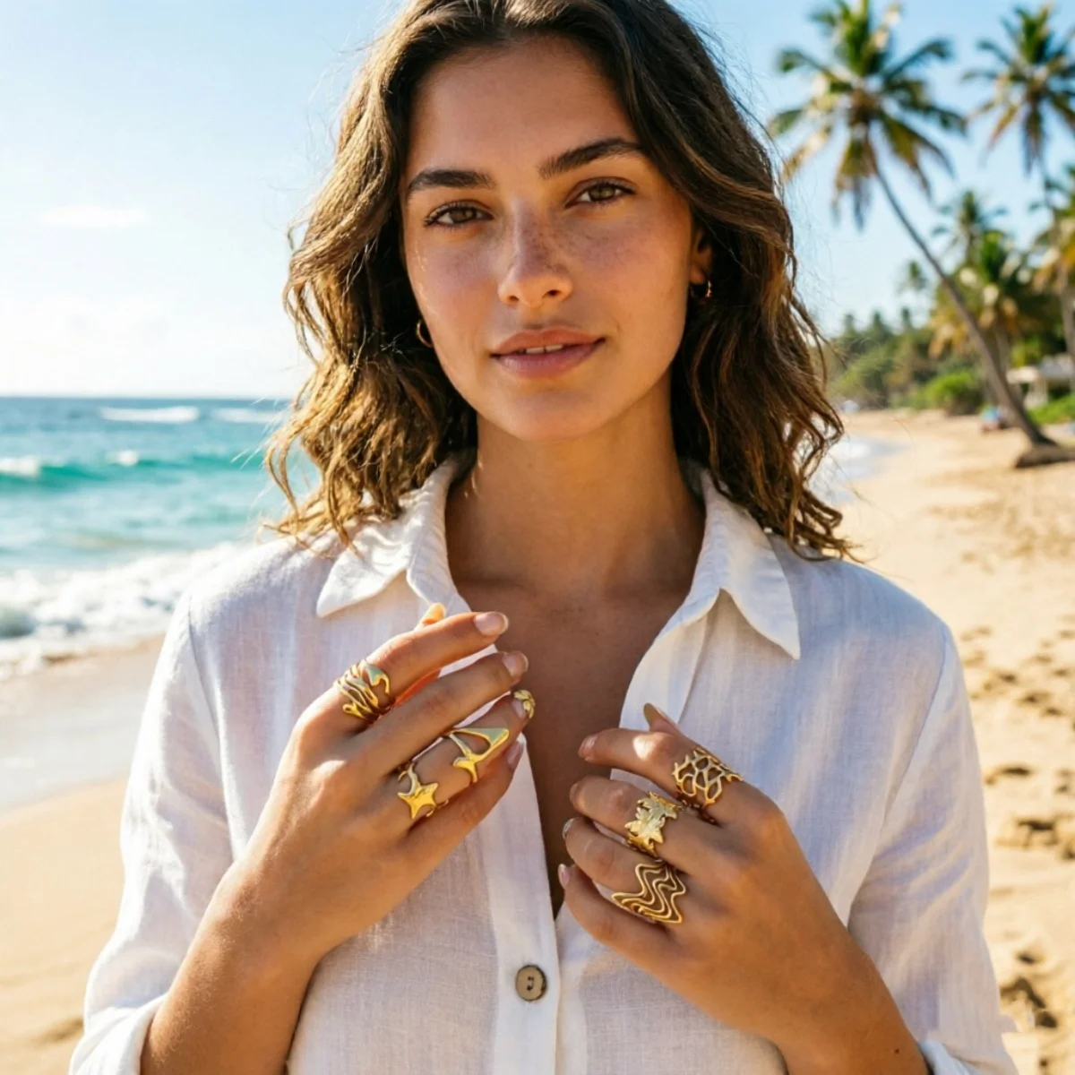 Edelstahlringe mit unregelmäßigen Wellen, Korallen, Seesternen und Blumen für Damen und Herren, Retro-Punk, florale Blätter, geometrische Linien, Boho-Schmuck – Detail 8