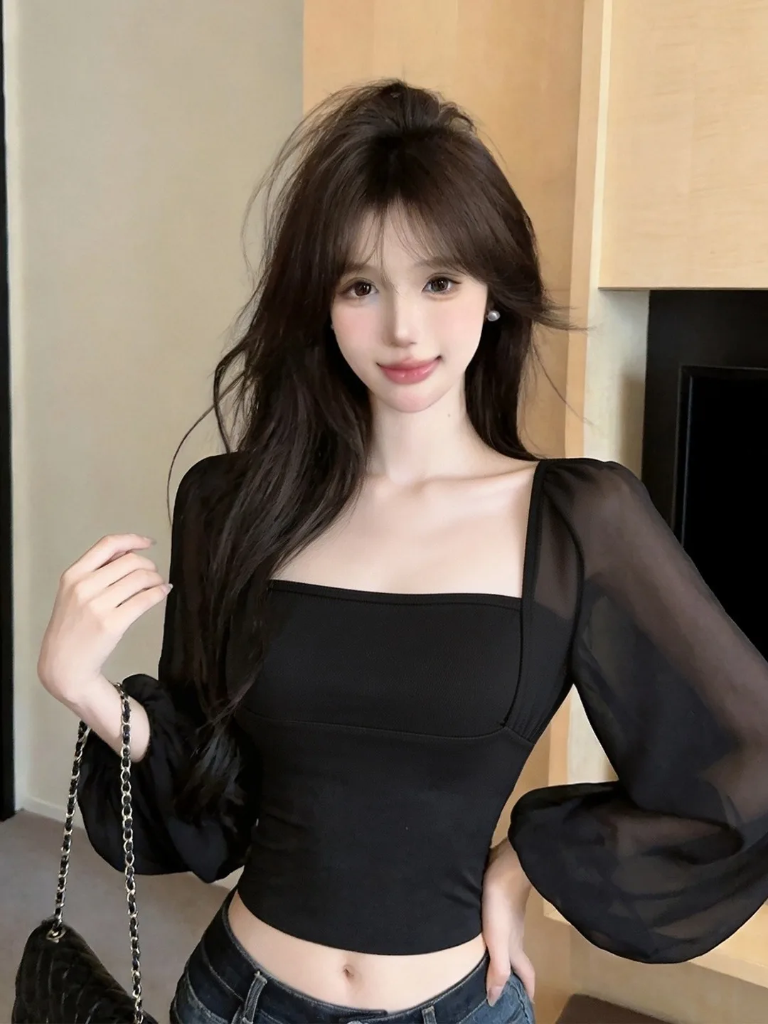 Pure Desire Spicy Girl Mesh Lantern Sleeve Short Crop Top Women's Autumn New Style Slimming Black Long Sleeve T-shirt