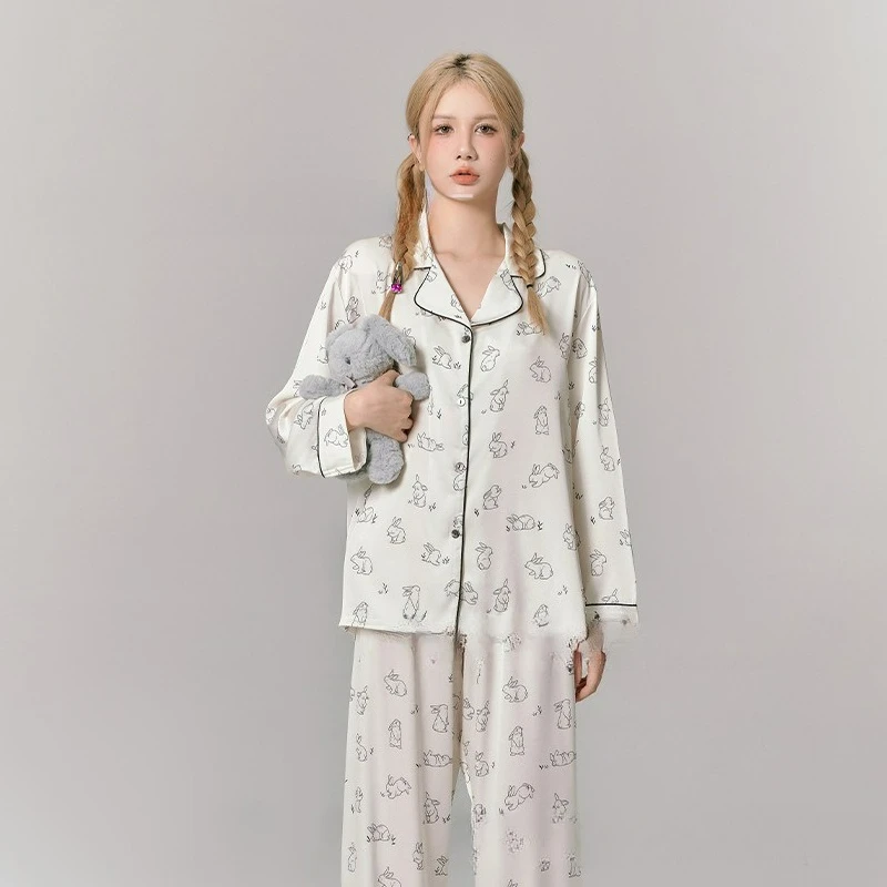 

New Ice Silk Luxury Women's Pajamas Lapel Cardigan Home Clothes for Women Cute Rabbit Printing Princess Home Wear