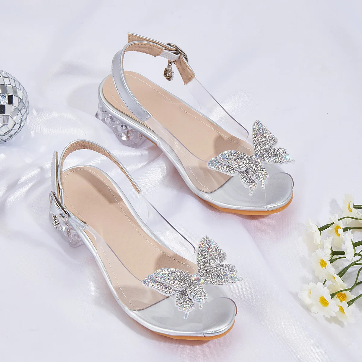2025 Summer New Fashion Children's Sandals Rhinestone Butterfly Girls' Crystal Princess Shoes Transparent Performence High Heels