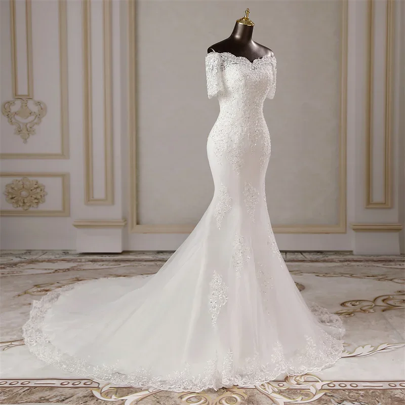 Elegante Witte Bruidsjurk Appliqué Hemdje Kant Pailletten Kralen Zeemeermin Vloer-Lengte Trouwjurk Vestidos De Novia Gelaten