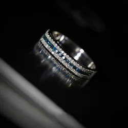 Fashion suitable for daily wear light luxury White Fresh Blue Crystal Diamond inlaid three rows rings for women Jewelry