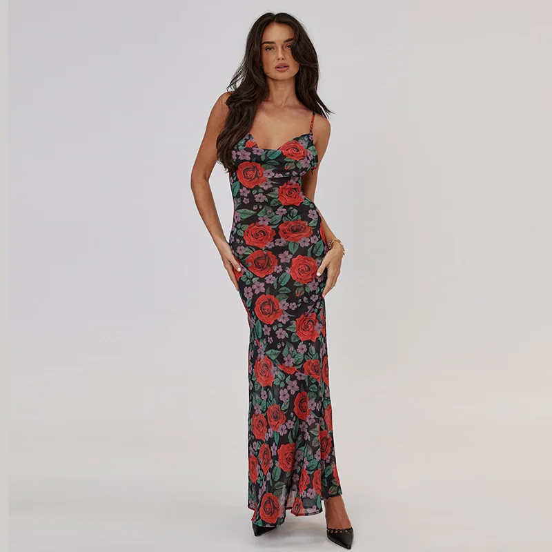 Vestidos con tirantes finos y estampado de flores para mujer, vestido largo ajustado a la cadera con temperamento, Vestidos ajustados sexys con espalda descubierta para mujer