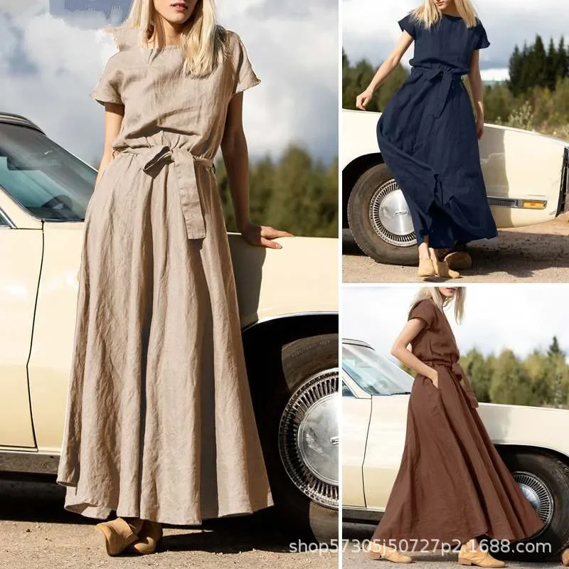 Solid Sundress Fashion Casual Oversized Shirt Dresses Summer Short Sleeve Dress for Women Muslim Lace-up Casual Elegance Robes