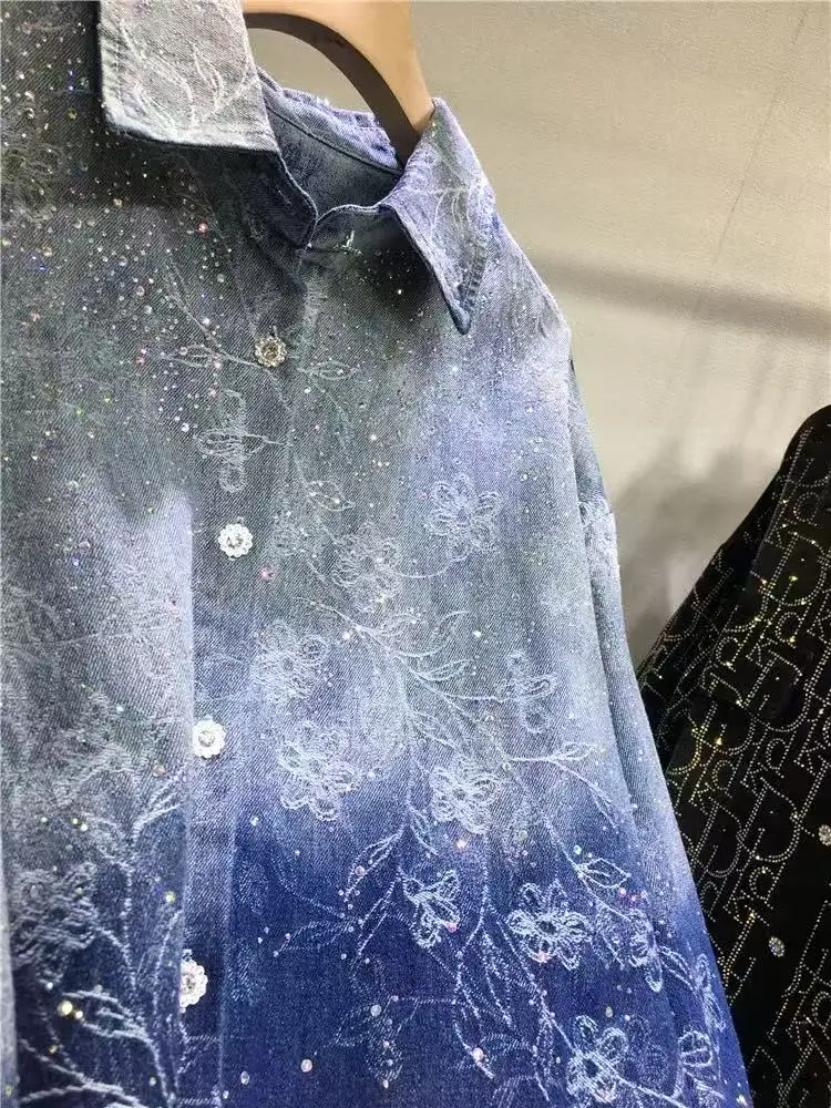 New 2024 Autumn Trend Sequins Diamonds Hot Drilling Denim Shirts and Blouses Women's Loose Casual Denim Top Jacket Woman Clothes