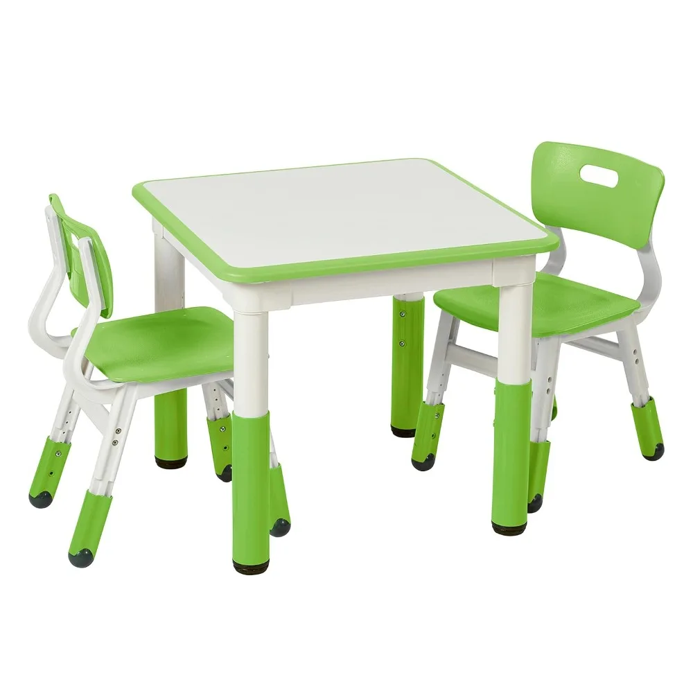 Table Dry-Erase Square Activity  with 2 Chairs, Adjustable Kids Furniture Grassy Green 3-Piece, 28.5 x 28.3 x 5.1 inches Table