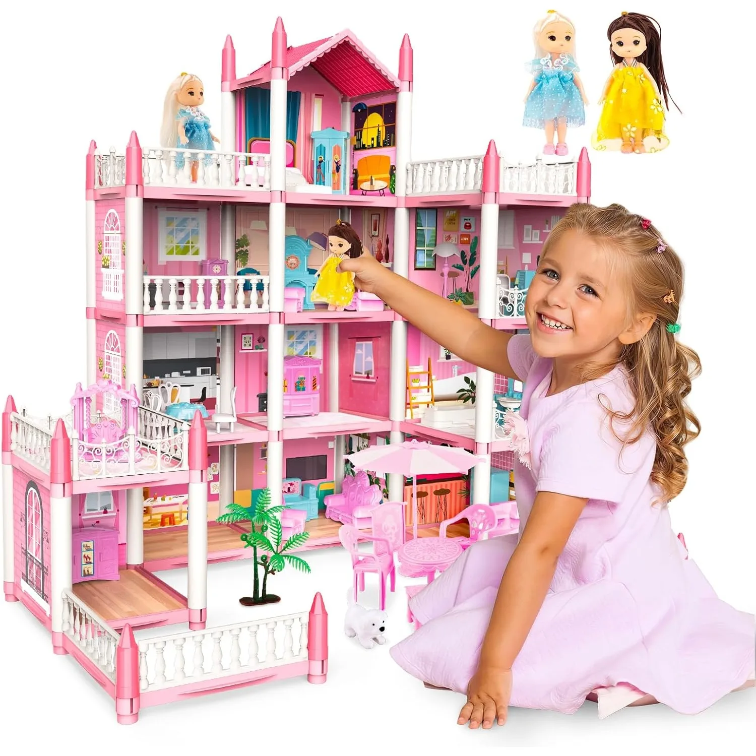 Casa de Muñecas Grande para Niñas Pequeñas con 4 Muñecas, Muebles, Accesorios, Luces LED, 4 Pisos, Casa de Ensueño de Princesa, Juguete, Regalo de Cumpleaños