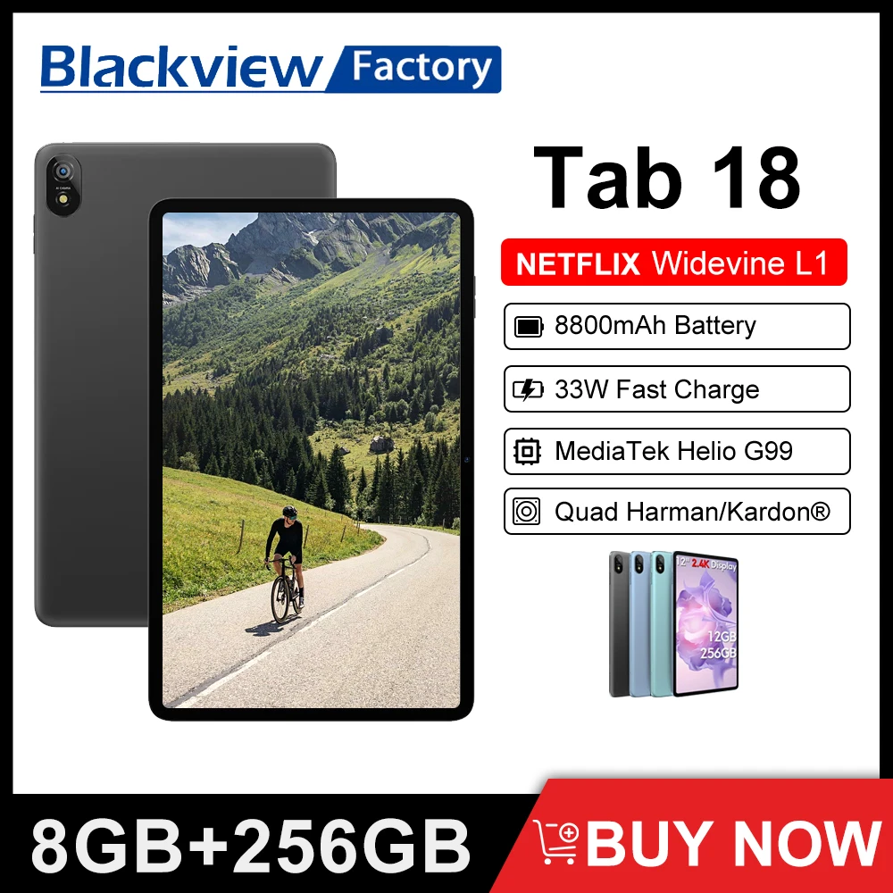 Blackview Tab 18 Tablet 8800mAh Battery 8GB 256GB 12 inch 16MP 2.4K FHD+ Display Widevine L1 MTK Helio G99 33W