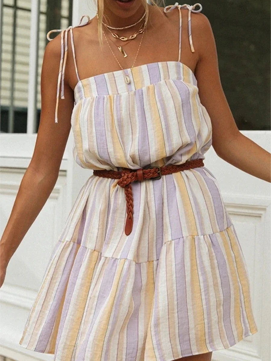 

New Women Summer Sleeveless Dress Casual Striped Print Tie Strap A-Line Party Dress For Vacation Cocktail Beach Streetwear S M L