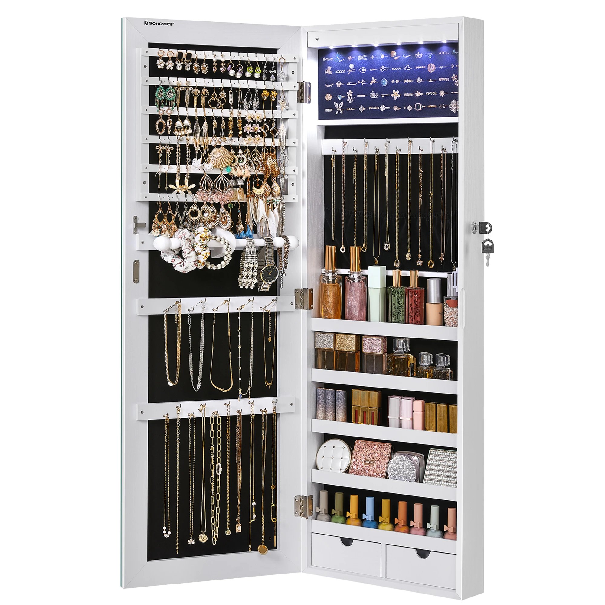 

SONGMICS Hanging Jewelry Cabinet, Wall-Mounted Cabinet with LED Interior Lights, Door-Mounted Jewelry Organizer