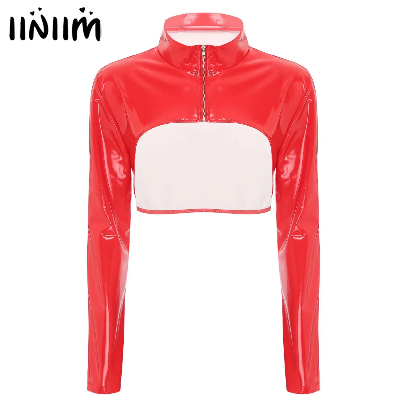 Womens Glossy Patent Leather Crop Top Long Sleeve Front Zipper Arm Sleeve Breast Open Chest Exposed Nipples Shrug Slim Top