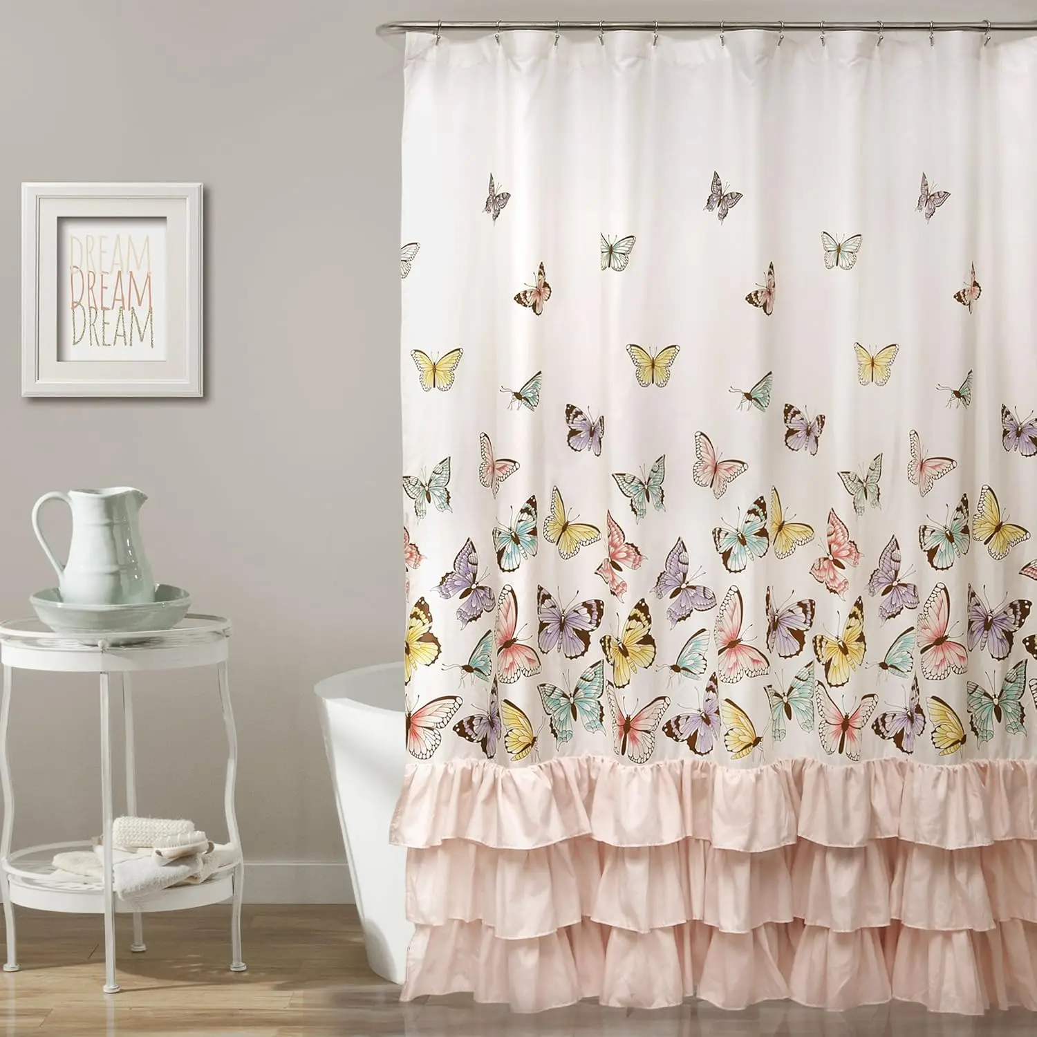 

Flutter Butterfly Shower Curtain | Textured Ruffle Print Fabric Bathroom Decor, 72” x 72”, Pink