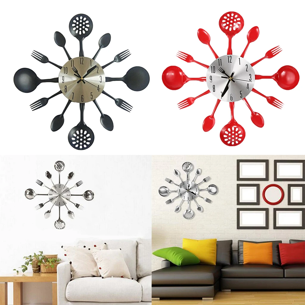 Kitchen Utensil Wall Clock Cutlery Spoon Fork Home Decor Metal