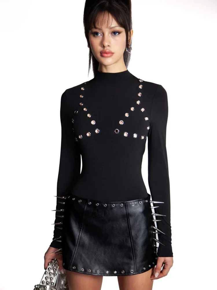 

Женский облегающий боди-комбинезон в стиле Y2K ретро-панк с длинными рукавами и декоративными люверсами, черный