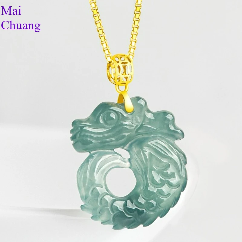 

18K Gold Buckle Inlaid Natural A-grade Jade Blue Dragon Fish Pendant Ice Jadeite Necklace Fashionable Women's Fine Jewelry Gifts