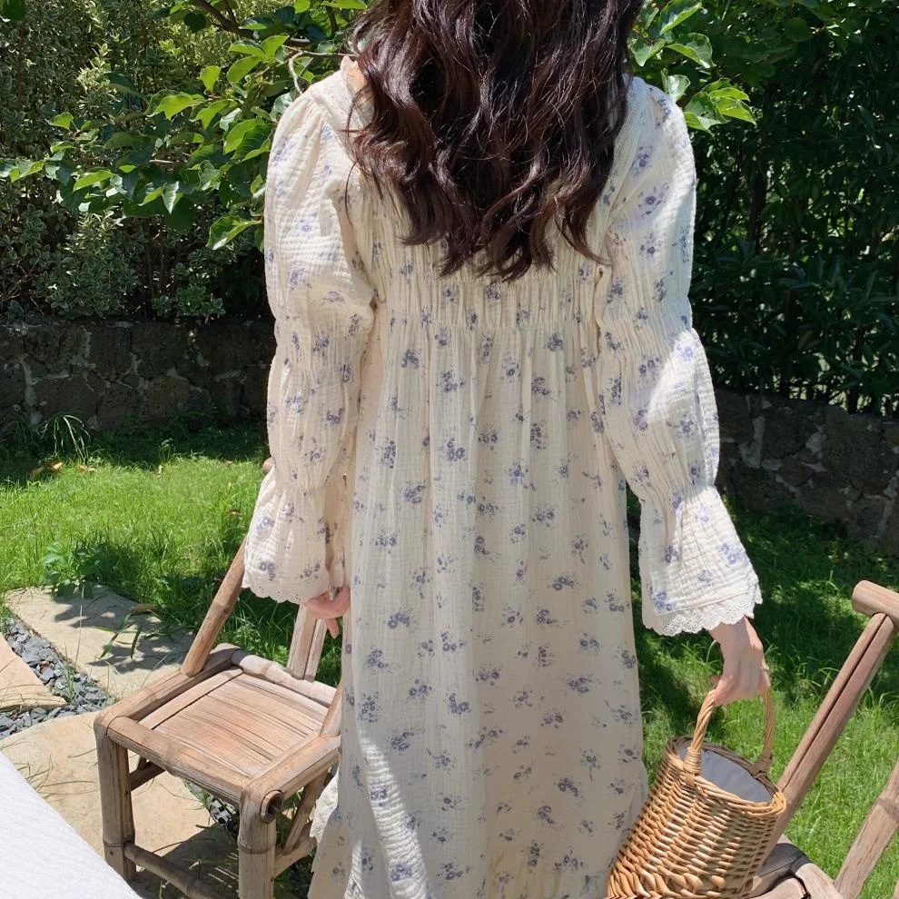 Spring Nightgown Women Sweet Floral Nightdress Long Sleeve V-Neck Koren Style Princess Home Dressing Gown Autumn Loose Nightwear