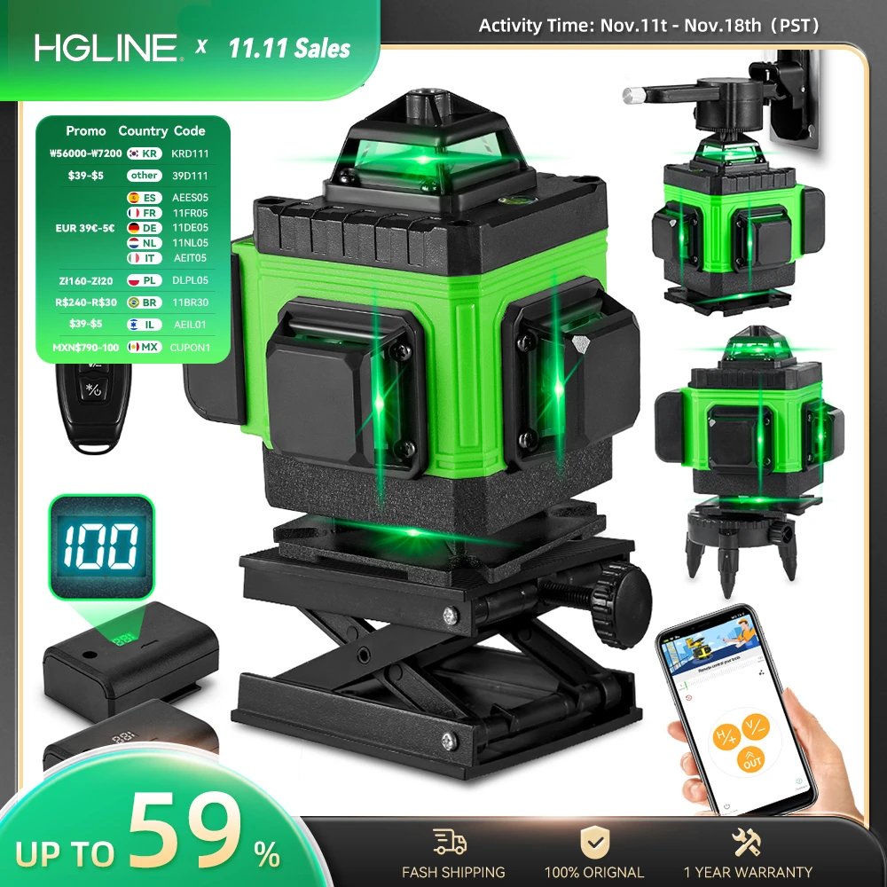 Hgline Verde 4d 16 Linhas Laser Nível App Controle Luz Verde Nível Laser Horizontal Vertical Níveis Ferramentas com Exibição de Energia