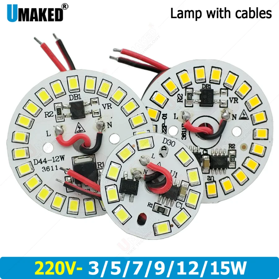 15W 44mm AC 220V pcb with integrated IC driver with 20cm wire, Driverless led bulb PCB board, Direct to AC 220V 3W 5W 7W 9W 12W