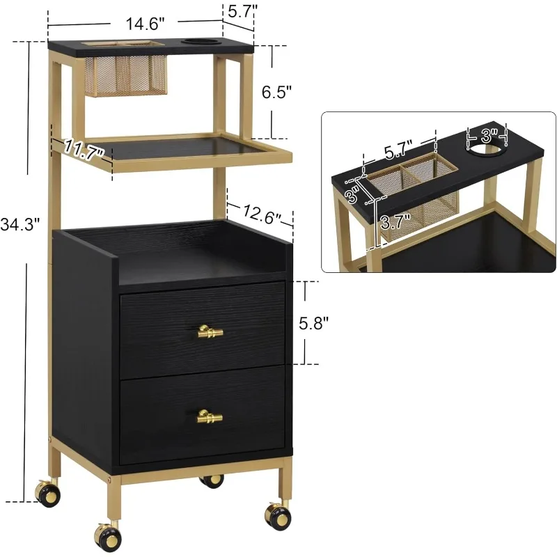 Rolling Salon Cart with Storage Drawers, Barber Trolley with Metal Tool Holder & Basket, Beauty Salon Equipment