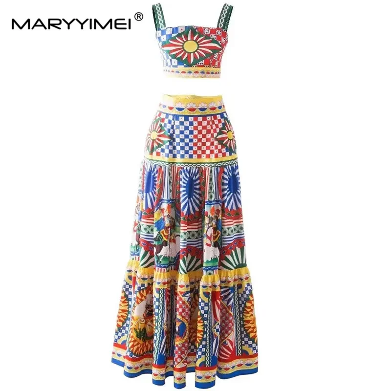 

MARYYIMEI New Spring Summer Fashion Lndie Folk Suit Square Collar Sling＋Long Skirt Print Holiday Two Pieces Set