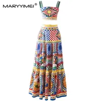 MARYYIMEI New Spring Summer Fashion Lndie Folk Suit Square Collar Sling＋Long Skirt Print Holiday Two Pieces Set