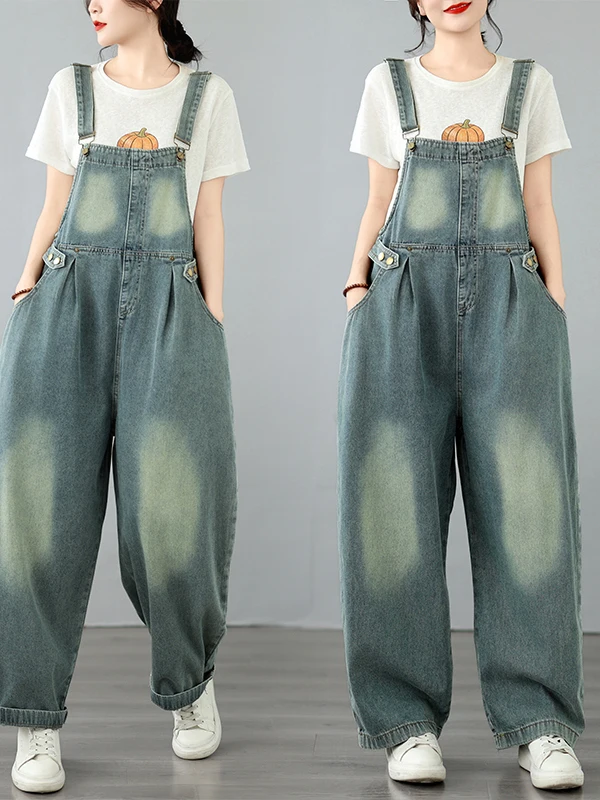 High-End Women's Loose Jeans Cargo Pants Casual Straight Leg High Waist Blue Cotton Polyester Nylon Autumn New Style Artistic