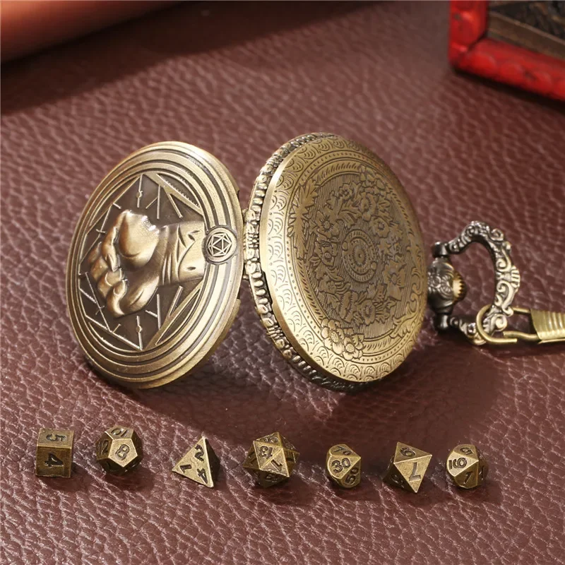 Bronze Fist Pattern Pocket Watch Case FOB Pendant Chain 7 X Metal Polyhedral Dice Set Table Role Play Gaming Accessory Dices