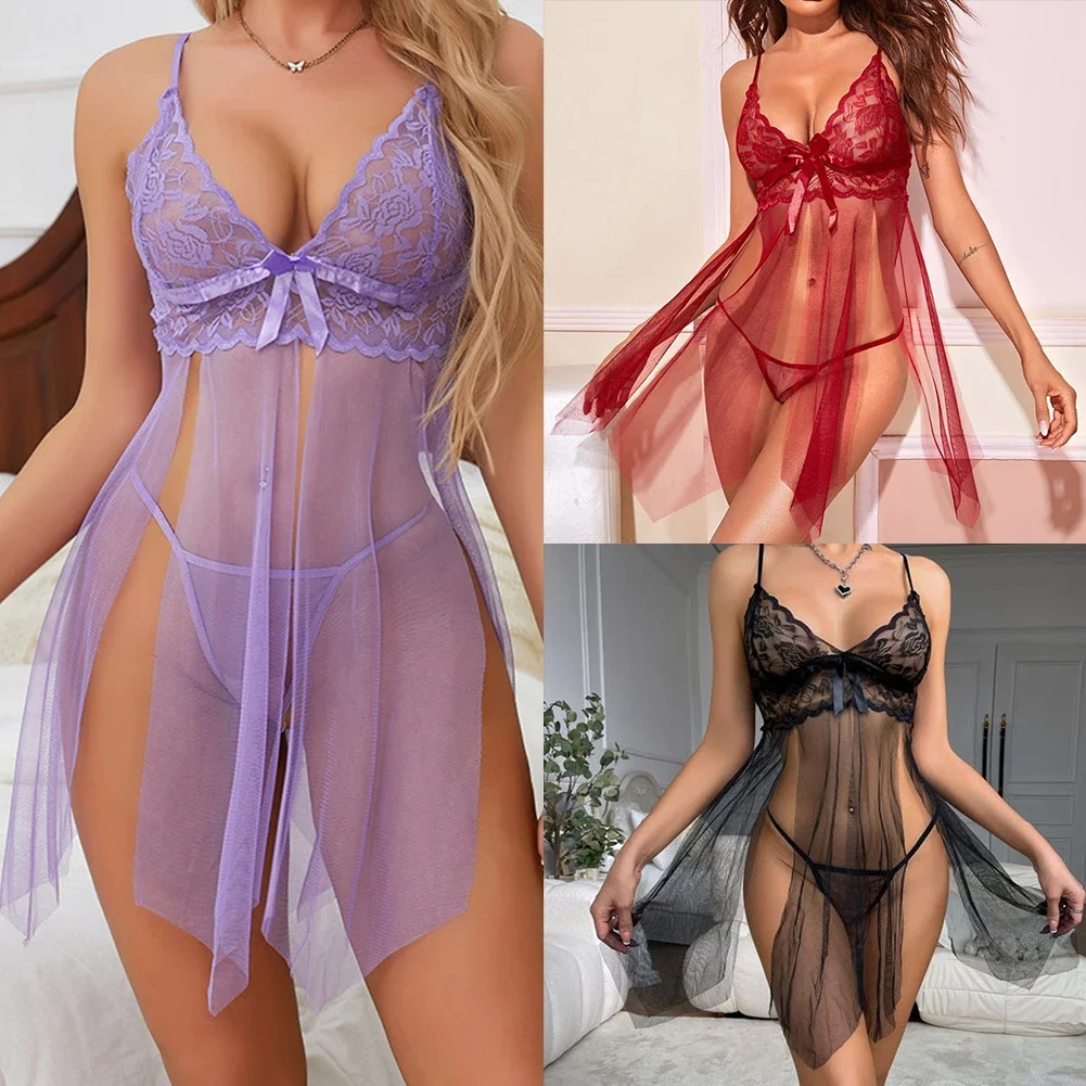 Sexy Lace Mesh Strap Sleep Dress Transparent Gown Women's Boudoir Costume Attractive Nightgown Adult Entertainment Wear