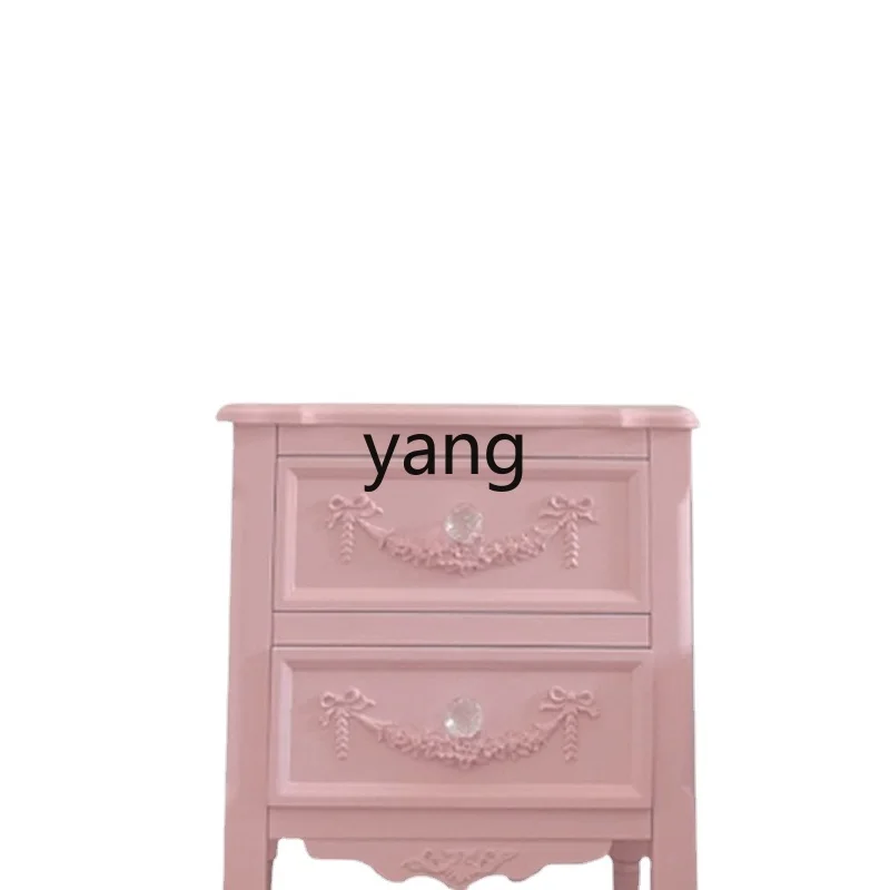 Yjq Carved Pink Princess Style Solid Wood Bedside Chest of Drawers Korean Style Girl Heart Bedroom Storage Bed Side Cabinet