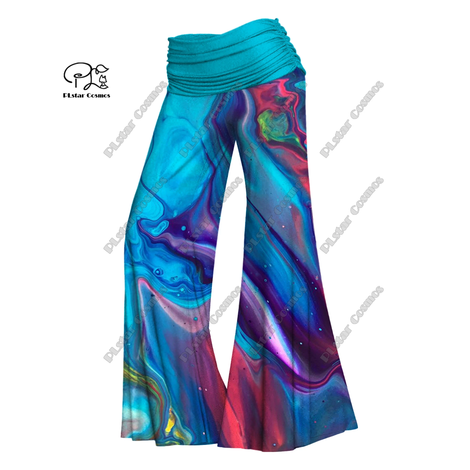 Pantalones de pierna ancha con estampado 3D para mujer, pantalón de cintura alta plegable, con estampado de paisaje de arena movediza colorida, cintura elástica, informal, serie degradada, J-6