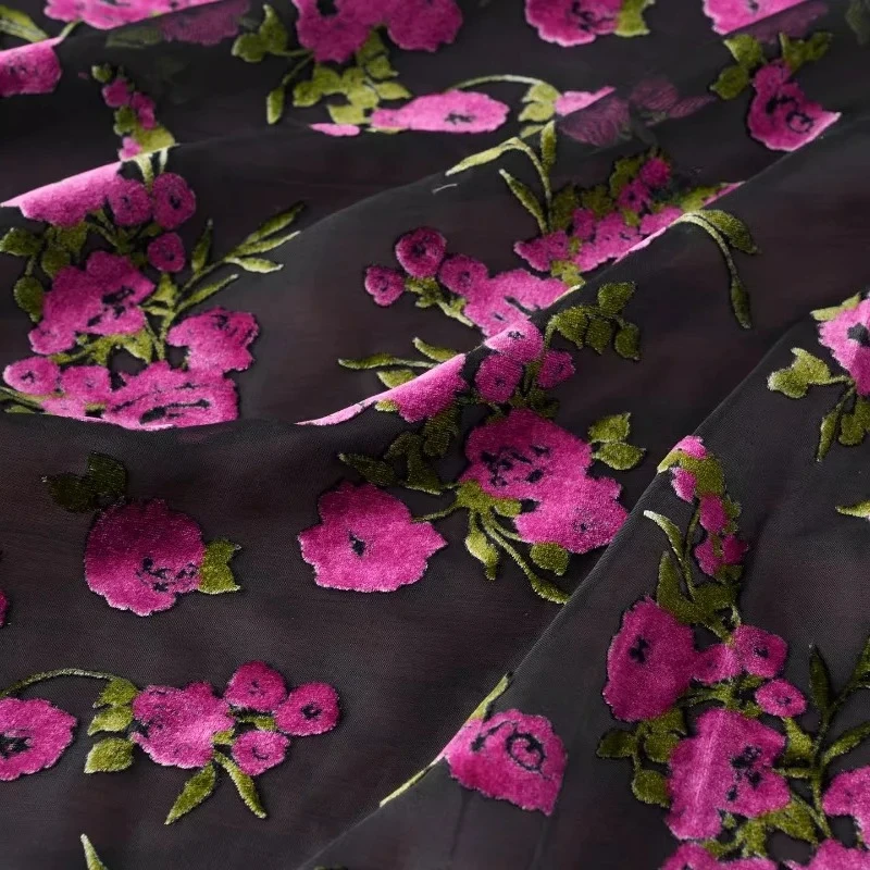 

Floral Flocking Mesh Fabric Rose Red Qipao Dress Dancewear Top Breathable Chinese Style Fabric Fashionable Hanfu Craft Material