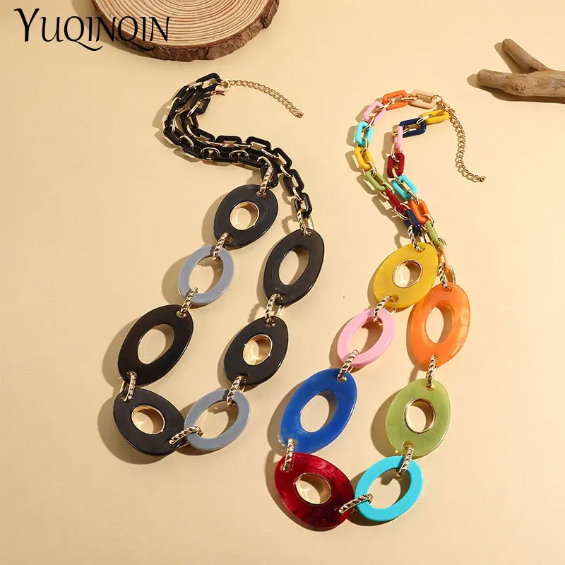 Trendy Large Colorful Resin Chain Necklace For Women Long Round Exaggerated Pendant Necklace Female Bohemia Accessories Vintage