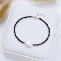 12mm Freshwater Pearl Bracelet  For Women 925 Sterling Silver With Black Spinel Bangle Handwork Fashion Jewelry Party