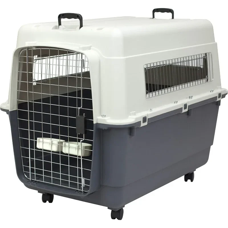 

Plastic Kennels Rolling Plastic Wire Door Travel Dog Crate, Large Kennel, Gray