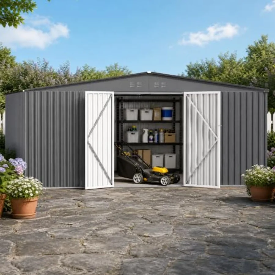14 x 12 FT Outdoor Storage Shed, Heavy-Duty Galvanized Steel Tool Shed with Reinforced Frame, Lockable Double Door and Side Ven