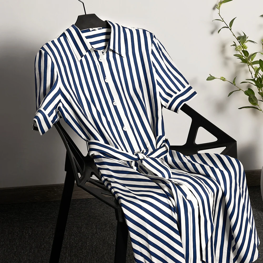 LILYSILK Silk Stripe Shirtdress With Belt For Women 2023 New Spring 16 Momme V Neck Luxury Formal Midi Dress Free Shipping