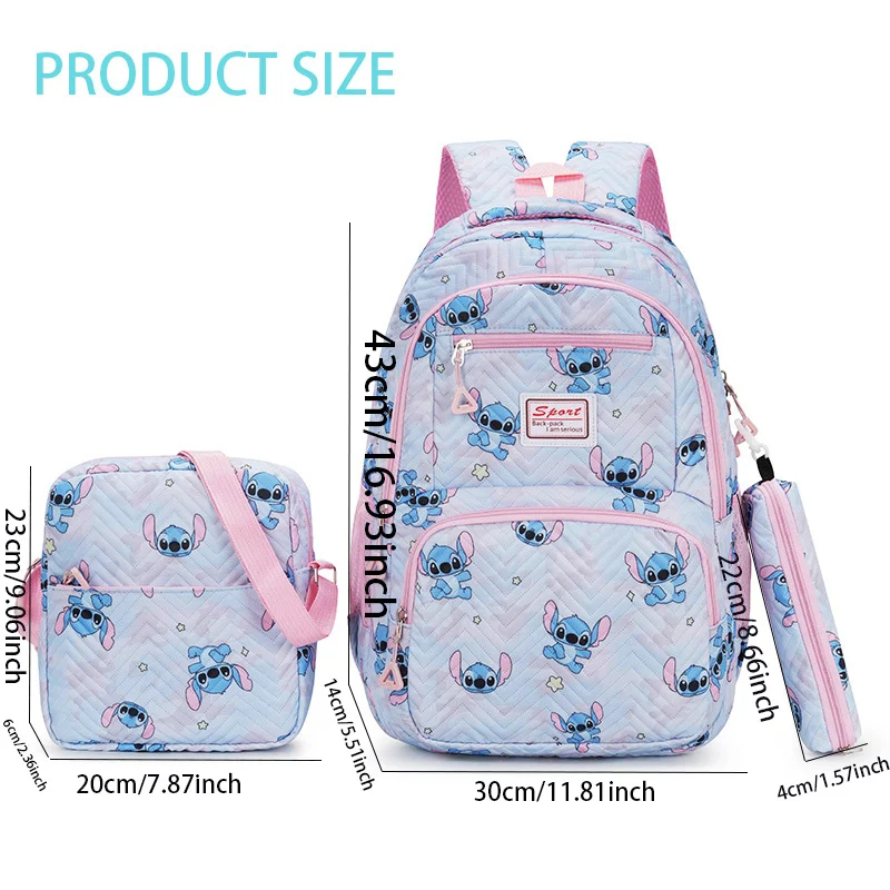 Ensemble de sac à dos imprimé dessin animé Disney Stitch, sac d\'école, sac à bandoulière, poche à stylo, compartiment pour ordinateur portable, 3