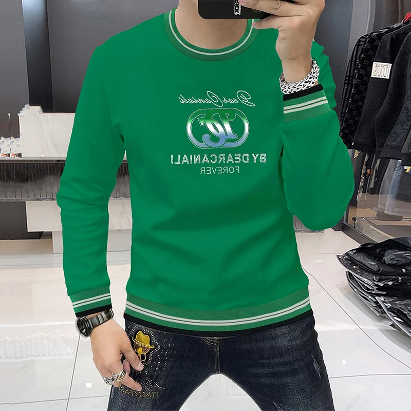 Men\'s Sweater Long sleeved Round Neck Green Hoodies Comfortable Trendy Bottom Shirt Winter New Fashionable City Pullover Clothes