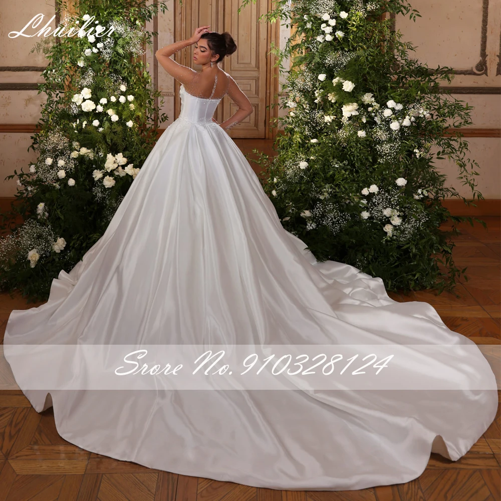 Lhuilier Customized A Line Satin Wedding Dresses Floor Length Crystal Beaded Long Sleeves Bridal Gowns with Cathedral Train