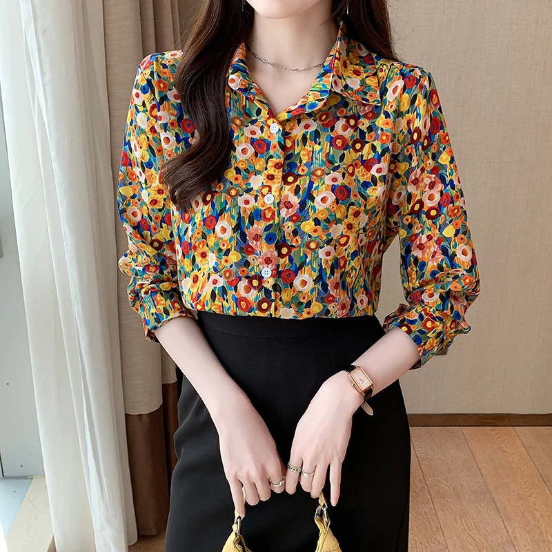 Women Spring Korean Fashion Printing Trend Polo-Neck Long Sleeve Shirts Women Clothes Casual All-match Office Lady Elegant Tops