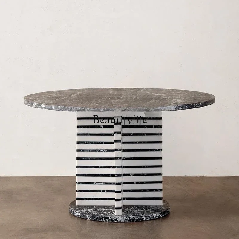

35**Nordic natural black color matching marble round dining table high sense