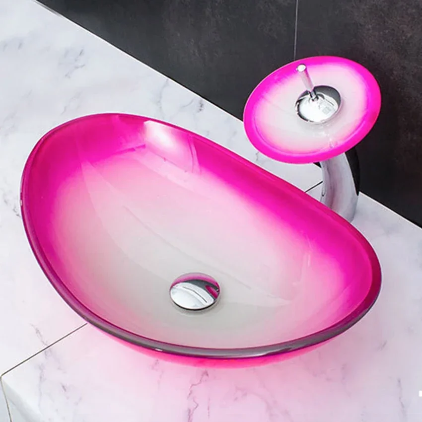 Unique Tempered Glass Basin Sink Washbasin Faucet Set Home Bathroom Counter Top Washroom Vessel Vanity Sink Washing Basin