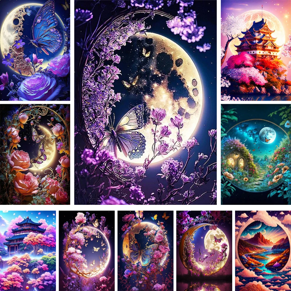 Fantasy Moon Night Flowers Cross-Stitch Patterns DIY Embroidery Painting Handmade Knitting Needlework Wholesale Counted Jewelry