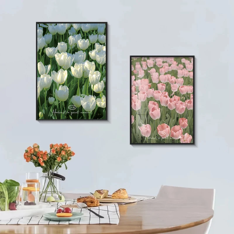 Modernes Nordisches Blumenposter Weiß Rosa Gelb Tulpe Diamant-Druck Gemälde Minimalistisches Wohnzimmer Wandkunst Heimdekoration
