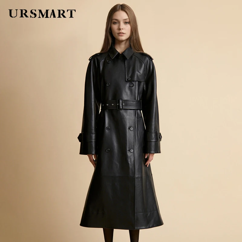 Sheepskin coat New outerwear long length autumn and winner windbreaker with turn down collar Genuine leather coat