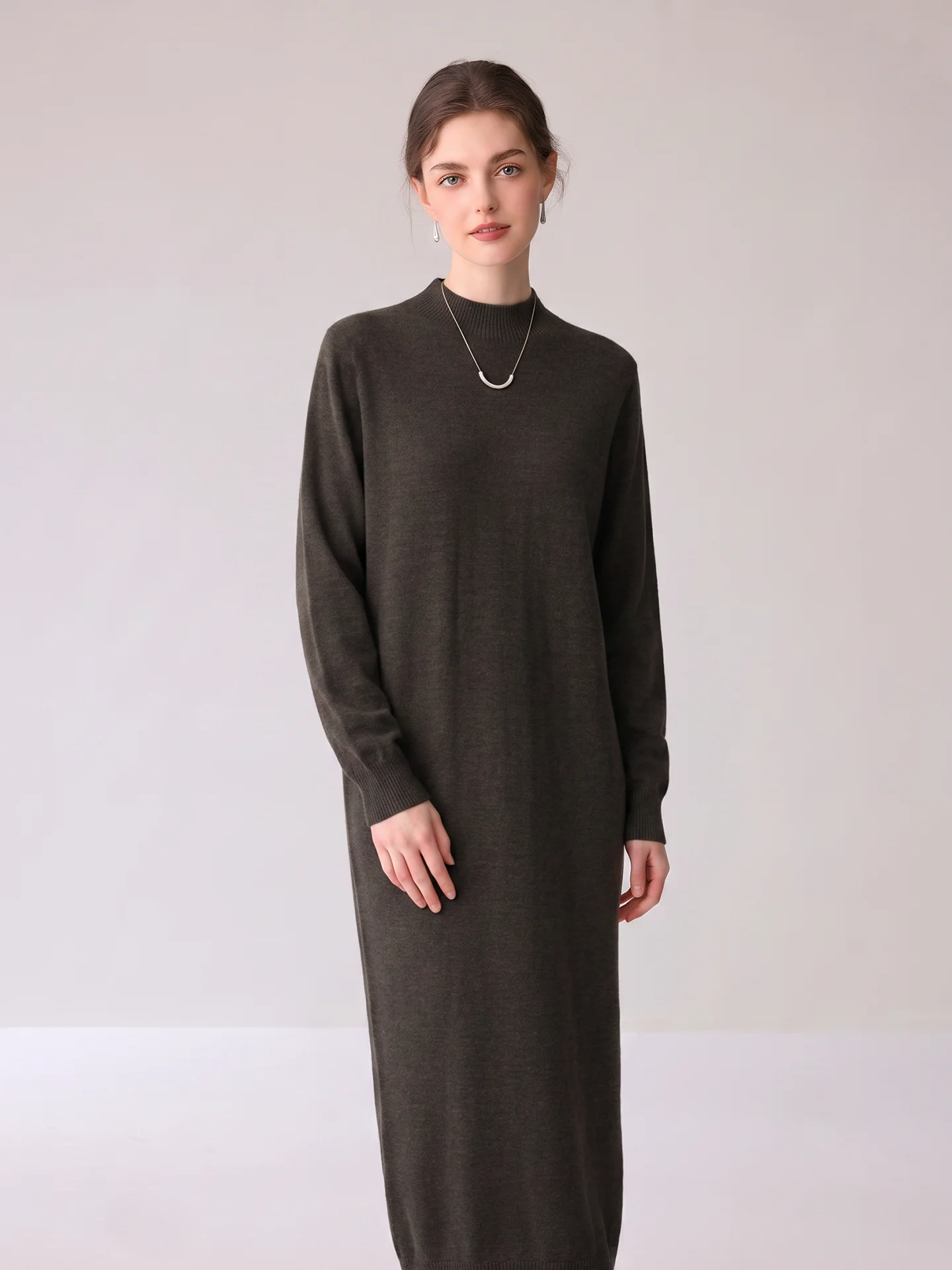 Simple 100% Merino Wool Autumn Winter Sweater Mock-Neck Pullover Dress Cashmere Knitwear Straight Midi Minimalist Clothes Tops
