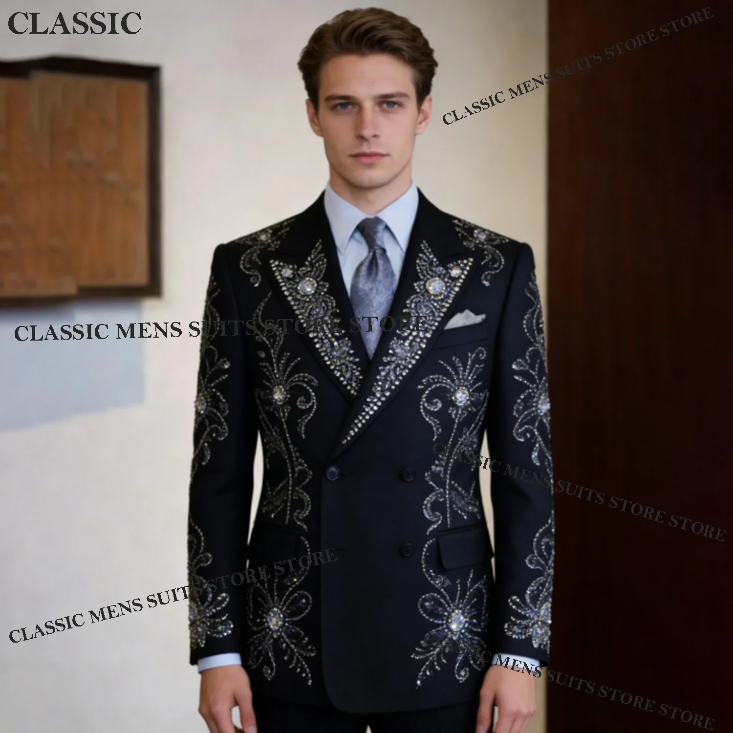 

Индивидуальный Элегантный Мужской Костюм из 2 Предметов с Кристаллами, Роскошный Свадебный Тёмный Костюм для Жениха, Облегающий Костюм с Пайетками для Мужчин