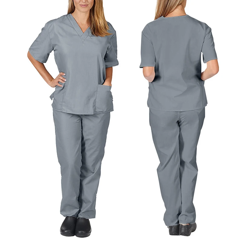 

2PCs Pocket V-neck Care Work Uniform Nurse Uniform Two-piece Set Pet Hospital Doctor Scrubs Women Uniform Dentist Work Clothes